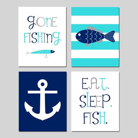 Fishing Nursery Decor Fish Nursery Art Fish Nursery Set Of 4 Fish Prints Gone Fishing Quote Eat Sleep Fish Quote Choose Your Colors