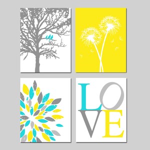 Yellow Aqua Gray Baby Nursery Art Birds in a Tree, Love, Abstract Floral Burst, Dandelions Print Set of 4 Nursery Prints or Canvas Art As displayed #2