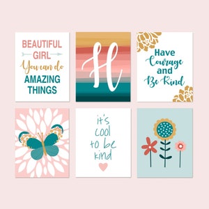 Wall Art for Girls Bedroom Decor, Flower Print for Girl Room Decor, Positive Quotes for Girls Room, Butterfly Art, Set of 6 PRINTS OR CANVAS