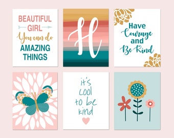 Wall Art for Girls Bedroom Decor, Flower Print for Girl Room Decor, Positive Quotes for Girls Room, Butterfly Art, Set of 6 PRINTS OR CANVAS