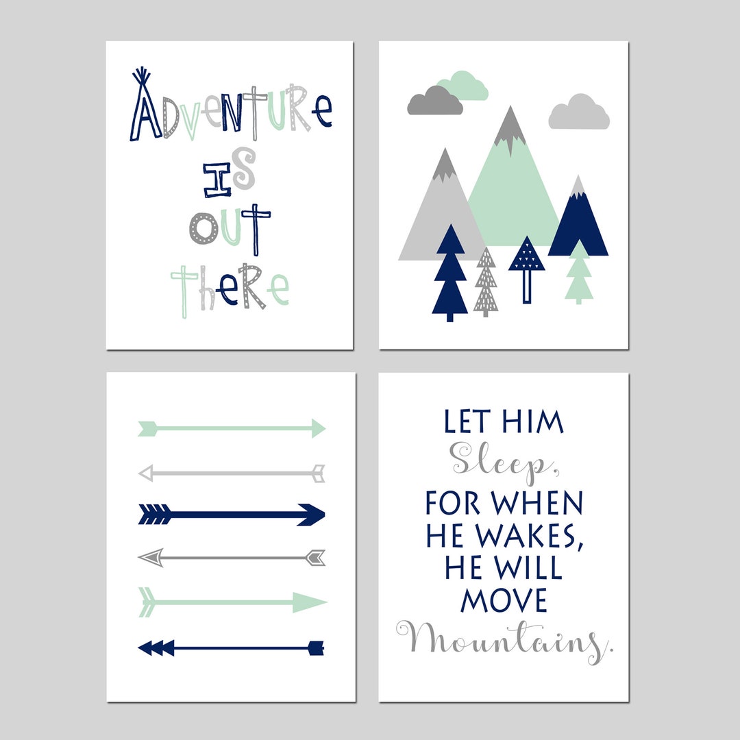 Mint Navy Nursery Art Adventure Nursery Decor Boy Mountain Nursery ...