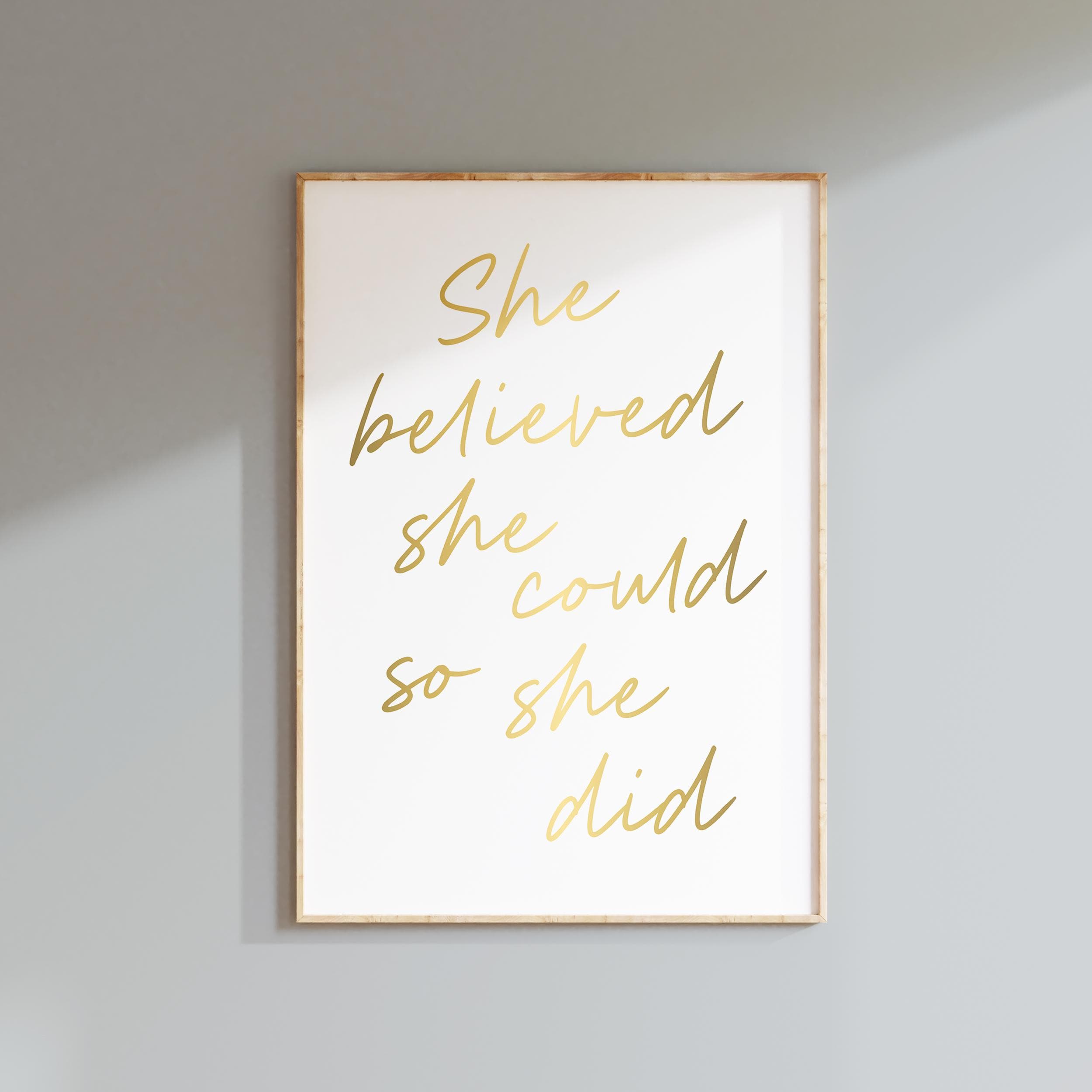 Teen Girl Wall Art Gold, She Believed She Could So She Did Print or Canvas, Tween Decor, Motivational Quote, Girls Dorm Decor, Teen Bathroom