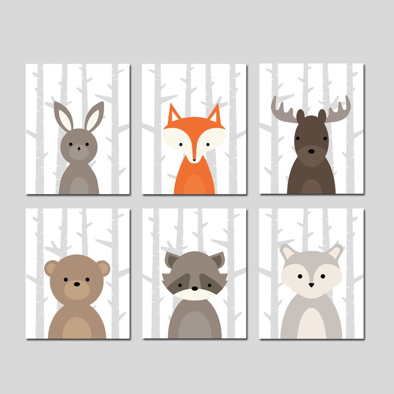 May include: Six printable art prints featuring woodland animals in a white birch forest setting. The animals include a rabbit, fox, moose, bear, raccoon, and wolf. Each animal is depicted in a simple, cartoon style with a white background.