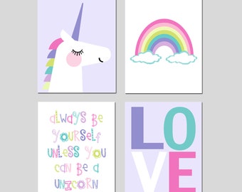 Unicorn Wall Art Unicorn Girls Decor Unicorn Decor, Unicorn Prints, Unicorn Room Decor Rainbow Wall Art, Set of 4 UNICORN CANVAS ART Unicorn