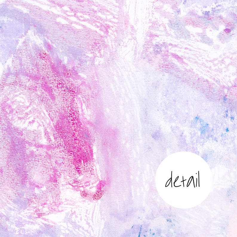 May include: Abstract watercolor painting with pink, purple, and white colors. The painting has a textured look and a white circle with the word "detail" written in black.