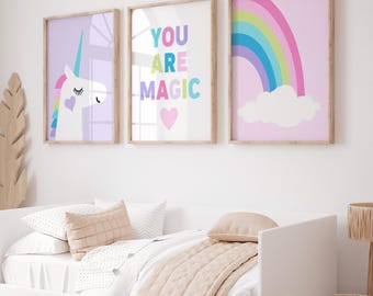 Unicorn Wall Art "You Are Magic", Little Girls Room Decor, Inspirational Unicorn Art for Girls Bedroom, Set of 3 PRINTS OR CANVAS