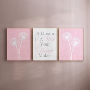 Young Girl Room Decor, Baby Girl Nursery Art, A Dream Is A Wish Your Heart Makes Quote, Pink Dandelion Art, Set of 3 Flower PRINTS OR CANVAS
