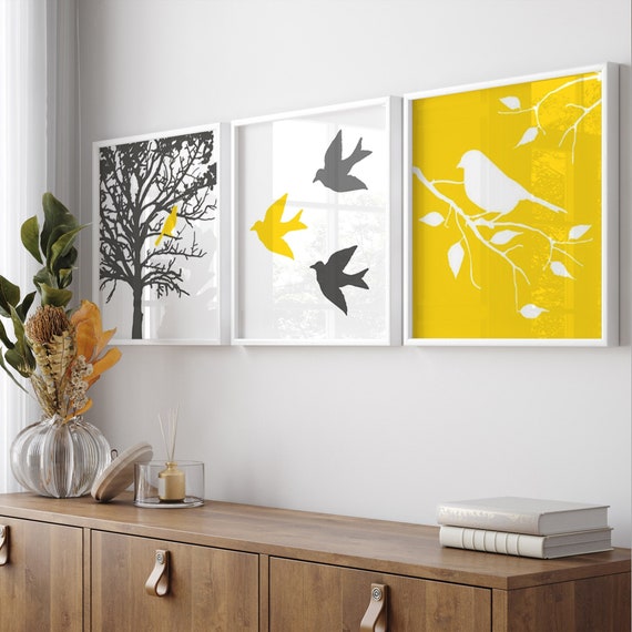 Modern Bird Art, Bird Pictures, Yellow Gray Bird Decor, Bird Wall Art Yellow Grey, Set of Three Bird Prints or Set of 3 Bird Canvas Wall Art