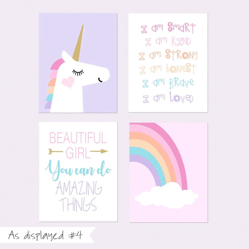 Girl Room Decor Unicorn Room Decor for Girls, Unicorn Rainbow Prints, Unicorn Wall Art, Quotes for Girls, Set of 4 Unicorn Prints or Canvas As displayed #4