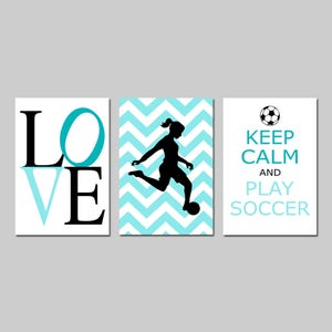 Girl Soccer Gifts Girl Soccer Decor Girl Soccer Art Soccer Room Decor Soccer Wall Art Set of 3 Soccer Prints for Girl PRINTS OR CANVAS aquas / black