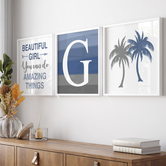 Teenage Girl Room Decor, Teen Girl Bedroom Decor, Tween Girl Wall Art Blue,  Palm Tree Print, Watercolor Heart Art, Set of 3 PRINTS OR CANVAS 