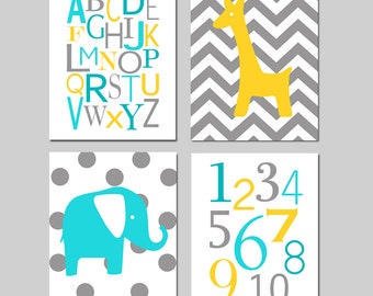 Aqua Yellow Gray Nursery Art - Alphabet Numbers, Chevron Giraffe, Polka Dot Elephant - Set of 4 Animal Prints Nursery - CANVAS OR PRINTS