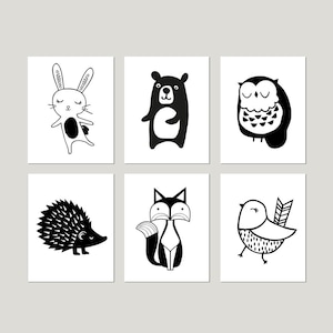 Black and White Animal Art, Black White Nursery Animal Art, Monochrome Nursery Art, Modern Woodland Nursery Art, Set of 6 PRINTS OR CANVAS