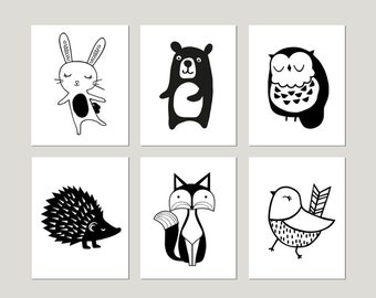 Black and White Animal Art, Black White Nursery Animal Art, Monochrome  Nursery Art, Modern Woodland Nursery Art, Set of PRINTS OR CANVAS