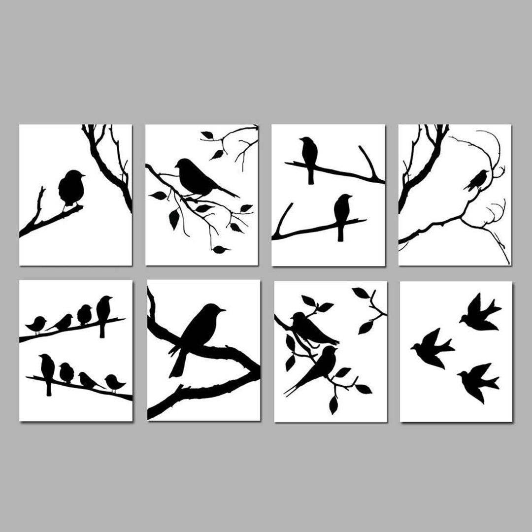 Bird Wall Art, Bird Decor Black and White Art, Set of 8 Bird Prints