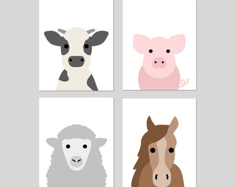 Farm Animal Nursery Art Prints, Farm Nursery Decor Cow Pig Sheep, Set of 4 PRINTS OR CANVAS