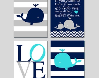 Whale Nursery Decor, Nautical Nursery Art, Whale Wall Art, Boy Nursery Decor Ideas, Set of 4 Prints or Canvas