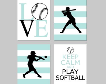 Softball Prints, Softball Decor, Softball Room Decor, Girls Softball Gifts, Softball Wall Art, Girl Sports Decor, Set of 4 PRINTS OR CANVAS