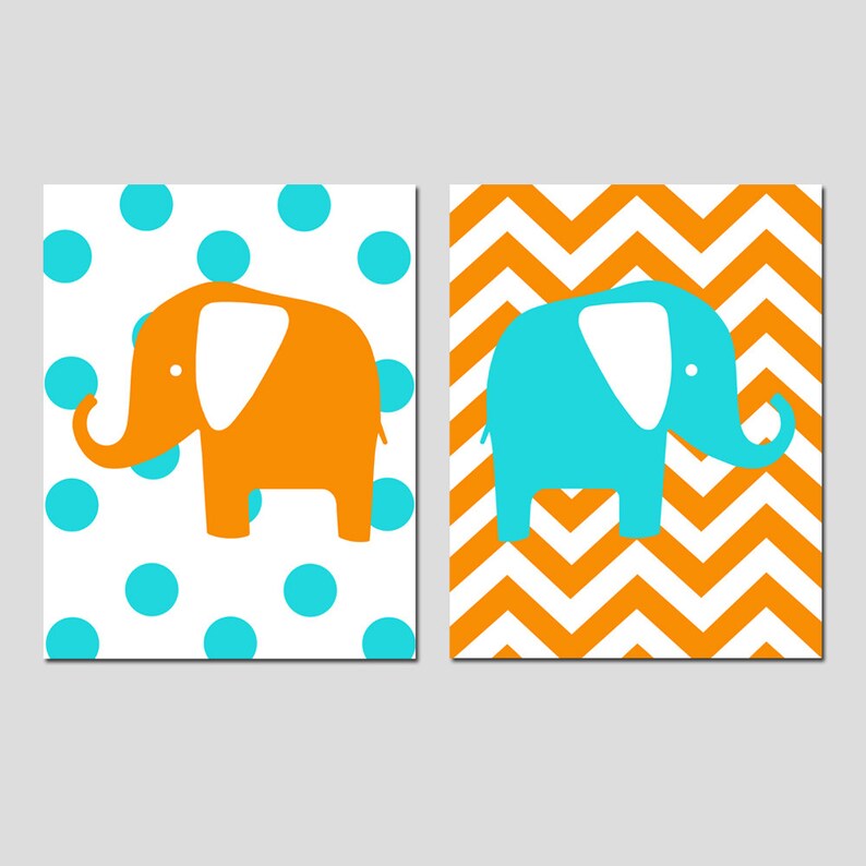 Elephant Nursery Art Duo Set Of Two 11x14 Chevron Zig Zag Etsy
