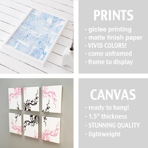 May include: Two different options for displaying art prints: framed prints with a white frame and a blue and white abstract design, and canvas prints with a white background and a pink and brown floral design. The canvas prints are ready to hang and are 1.5 inches thick.