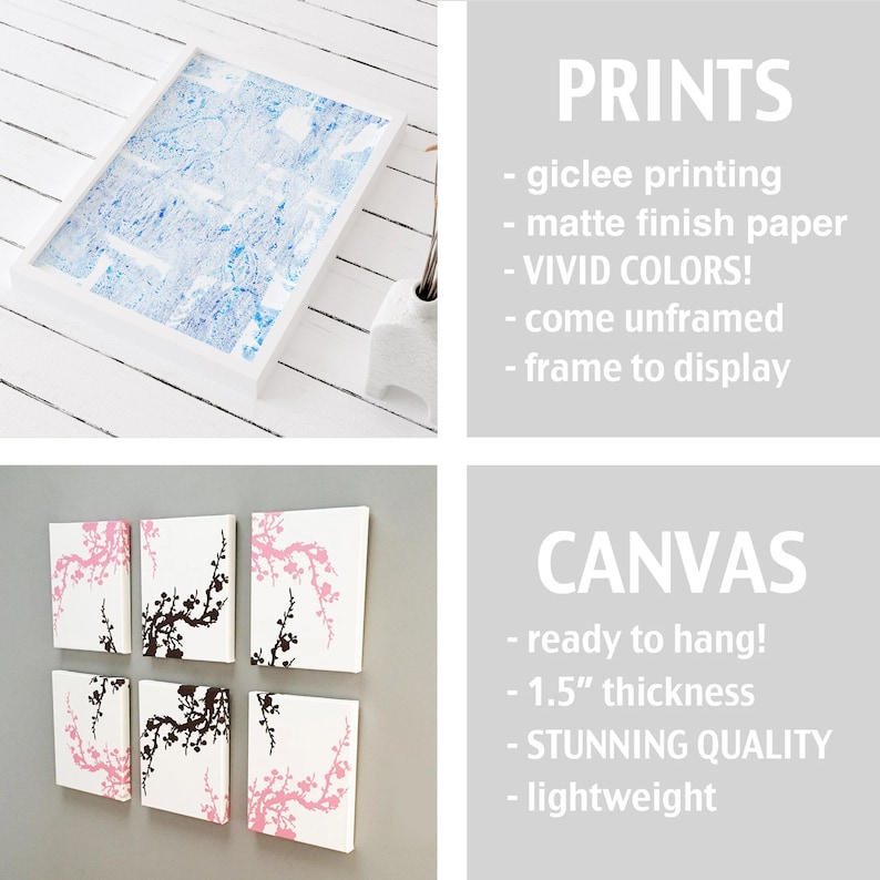 May include: Two different options for displaying art prints: framed prints with a white frame and a blue and white abstract design, and canvas prints with a white background and a pink and brown floral design. The canvas prints are ready to hang and are 1.5 inches thick.