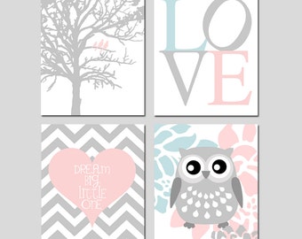 Baby Girl Nursery Art Owl, Birds in a Tree, Floral Owl Art, Dream Big Little One Nursery Quote, Heart Art, Set of 4 Owl Prints or Canvas