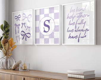 Fioletowa, elegancka dekoracja ścienna dla nastolatków, dekoracja kokietki, dekoracja pokoju nastolatki w kolorze lawendy, zestaw 3 wydruków kokardkowych lub na płótnie