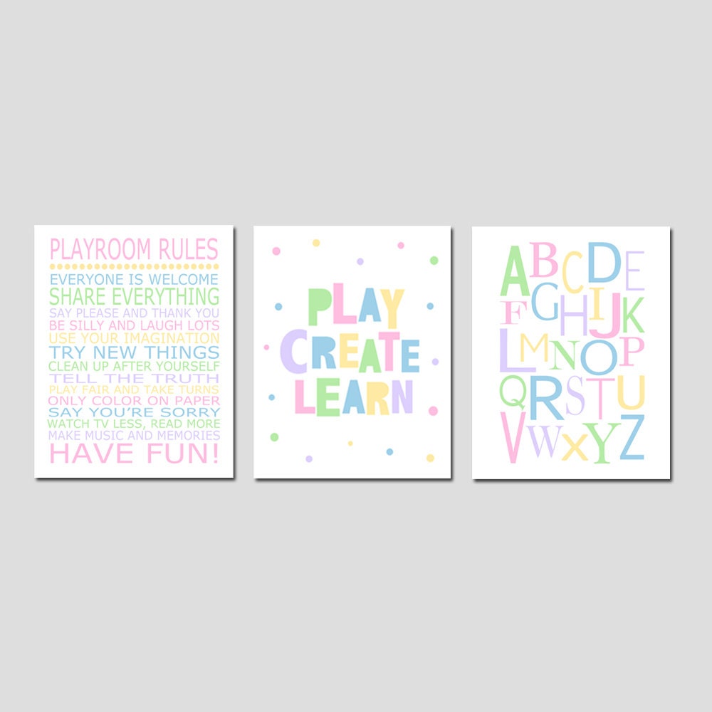 Girls Playroom Art, Pastel Playroom Decor, Playroom Rules Poster, Set ...