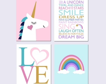 Unicorn Decor, Unicorn Wall Art, Girls Room Decor, Unicorn Decorations for Bedroom, Set of 4 PRINTS OR CANVAS