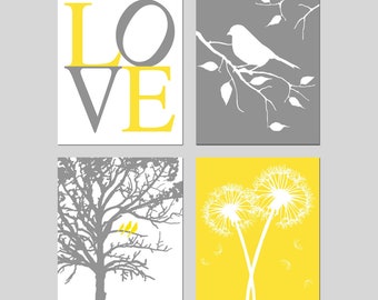 Yellow and Gray Nursery Art - Set of Four 8x10 Prints - Love, Birds in a Tree Print, Dandelions Art, Bird on a Branch - CHOOSE YOUR COLORS