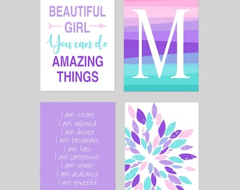 Girls Bedroom Decor, Tween Girl Room Decor, Motivational Quotes, Kids Initial Art, Set of 4 PRINTS OR CANVAS