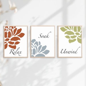 Floral Bathroom Art - Relax Soak Unwind Prints - Flower Bathroom Art - Set of 3 Adult Bathroom Prints or Bathroom Canvas - Spa Bathroom Art