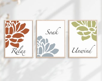 Floral Bathroom Art - Relax Soak Unwind Prints - Flower Bathroom Art - Set of 3 Adult Bathroom Prints or Bathroom Canvas - Spa Bathroom Art