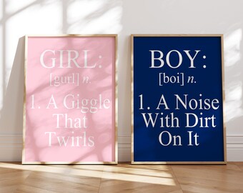 BOY GIRL Bathroom Wall Art Boy Girl Bedroom Decor, Boy A Noise With Dirt On It, Girl A Giggle That Twirls, Set of Two Quote Prints or Canvas