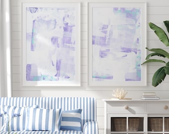 Conjunto de 2 pôsteres ou telas com arte abstrata em tons de lavanda, decoração de parede com tema praiano, arte para parede de adolescente, decoração roxa para quarto de estudante.
