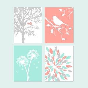 Coral Mint Room Decor, Mint Coral Room Decor, Girl Room Decor, Coral Mint Nursery Art Floral, Nature Wall Art Set of 4 Bird PRINTS OR CANVAS