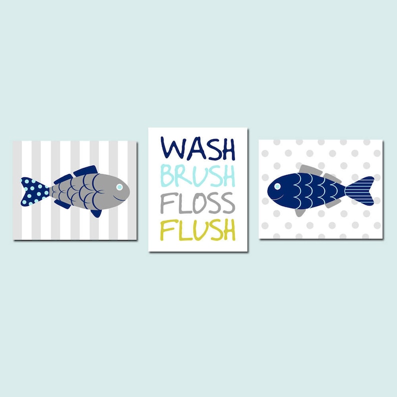 Fish Bathroom Decor Fish Bathroom Art Fish Wall Art Kids Bathroom Decor Kids Bathroom Art Wash Brush Floss Flush Bathroom Sign Set of 3 image 1