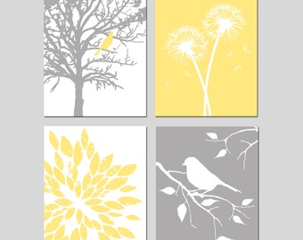 Arte de la naturaleza en amarillo y gris, juego de 4 láminas o lienzos, decoración de diente de león y pájaro.