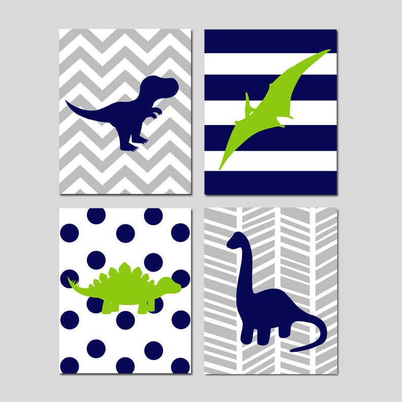 May include: Set of four printable dinosaur nursery art prints. Each print features a different dinosaur silhouette in navy blue and green on a white background with a different pattern: chevron, stripes, polka dots, and herringbone.
