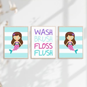 Mermaid Bathroom Art Mermaid Bathroom Decor Kids Bathroom Art Kids Bathroom Decor Girl Bathroom Art Bathroom Sign Wash Brush Flush Floss