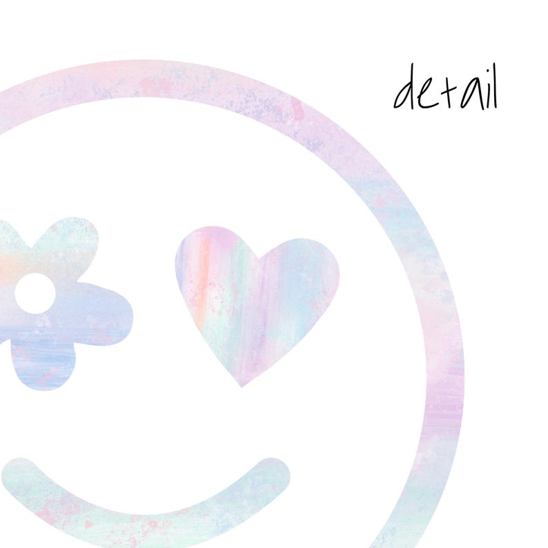 May include: A pastel rainbow colored smiley face with a flower and a heart. The background is a light pink and blue watercolor wash.