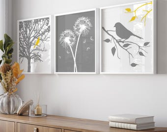 Master Bedroom Decor, Yellow Grey Wall Art, Nature Bathroom Art, Dandelion Art, Bird in Tree, Set of 3 Prints or Canvas