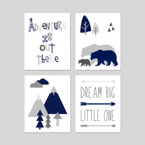 Bear Nursery Wall Art, Bear Nursery Decor Adventure Is Out There Mountains Art, Dream Big Little One, Set of 4 Bear Nursery Prints or Canvas