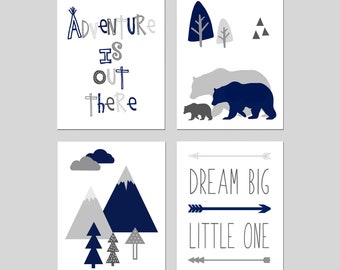 Arte de pared para habitación de osos, decoración para habitación de osos, aventura en las montañas, sueña en grande, pequeño, juego de 4 impresiones o lienzos