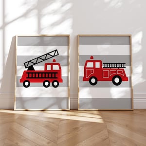 Firetruck Prints for Little Boy Room Decor, Fire Truck Nursery Decor, Fire Engine Art for Boy Playroom, Set of 2 Fire Truck PRINTS OR CANVAS