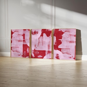 Pósteres en rojo y rosa, arte abstracto en rosa y rojo, impresiones artísticas abstractas en rojo y rosa, impresiones artísticas de pared con un toque melancólico, juego de 3 impresiones abstractas o lienzos.