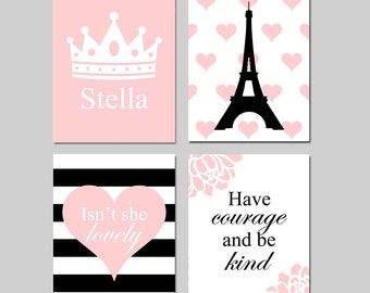 Paris Girl Bedroom Art Girl Room Decor Eiffel Tower Heart, Isn't She Lovely, Personalized Crown Name, Have Courage and Be Kind - Set of 4