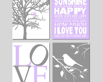 Purple Gray Nursery Art Lavender Nursery Art, Purple You Are My Sunshine Quote, Bird Nursery Decor, Set of 4 Girl Nursery Prints or Canvas