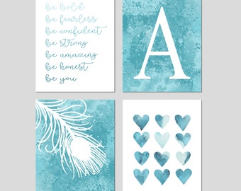 Tween Girl Bedroom Art Teal, Positive Quotes for Girls, Personalized Girls Decor, Set of 4 Heart PRINTS OR CANVAS