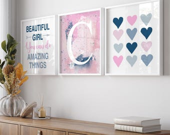 Aesthetic Room Decor for Teens Wall, Navy and Pink Bedroom Decor for Teens Girl, Set of 3 Trendy Prints or Canvas, Teen Girl Wall Art Hearts
